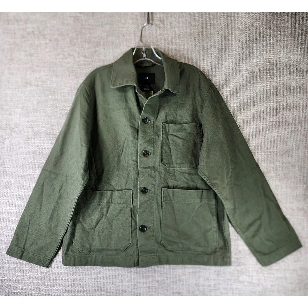 H&M Canvas Shirt Jacket Mens S Drab Green Military Utility Field Button NWT